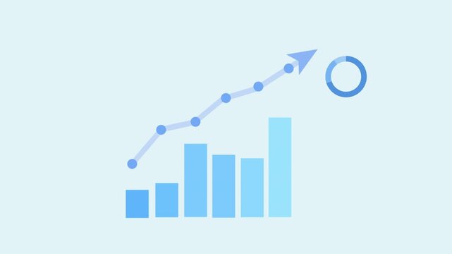 Animated bar chart with rising arrow and loading circle icon on clean background, representing progress, process completion, workflow development, and system performance.