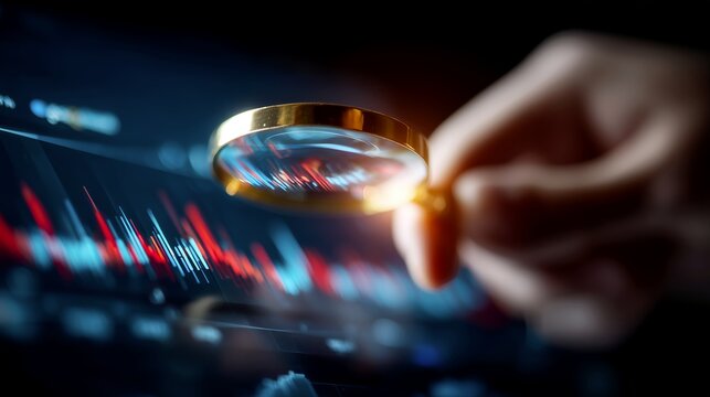 Data research and market monitoring with magnifying glass on chart