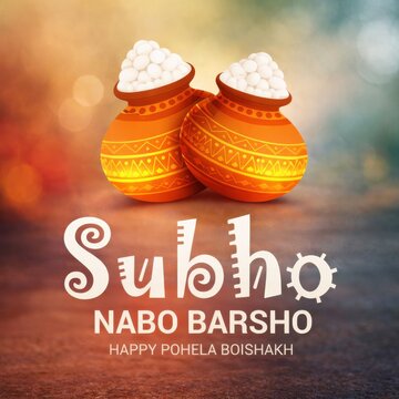 Subho Nabo Barsho greeting with traditional earthen pots filled with sweets, Happy Pohela Boishakh.