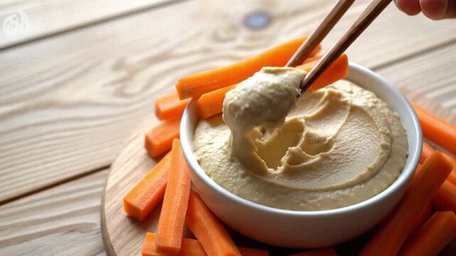Fresh carrot sticks dipped into creamy hummus with chopsticks on wooden table