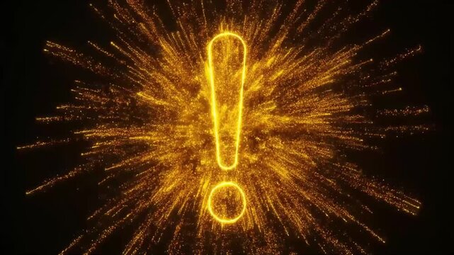 Bright glowing particle exclamation mark forms, sparks, and expands energetically on a dark background, signifying an important alert or attention-grabbing warning in this dynamic digital animation.