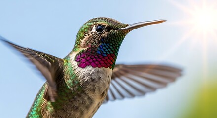 Naklejka premium A beautiful hummingbird with iridescent green and magenta feathers captured in a stunning close-up with a sunflare.
