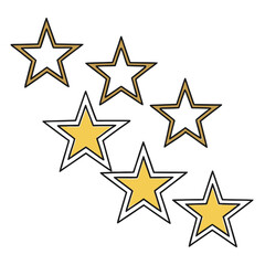 Obraz premium Six stars with golden fill and outlines, three filled and three empty, indicating a partial rating or progress on a task or achievement