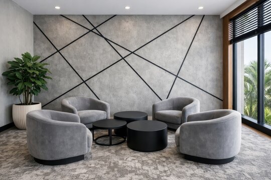 Modern hotel lobby with empty seating area and geometric wall design. Ai generative