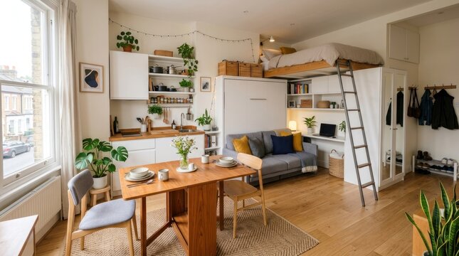 A cozy, minimalist living space with a loft bed, a dining table, a couch, and a window.