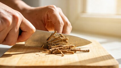 Naklejka premium Close-up of hands chopping dried valerian roots on wooden board with natural light for herbal preparation and natural medicine
