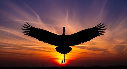 Fototapeta premium A majestic crane with wide wings stands silhouetted against a spectacular sunset sky featuring dramatic streaky clouds.