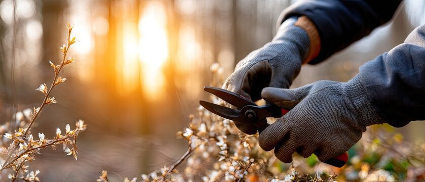 Hands use garden shears to trim branches in spring sunlight with blurred background of greenery and trees for gardening activity