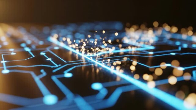 A close-up of a circuit board with blue lines and lights on a dark background, evoking a sense of technology and innovation.