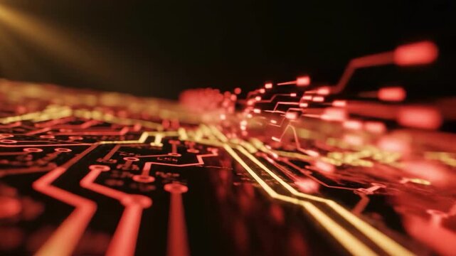 A close-up shot of a circuit board with red and yellow lights on a dark background, evoking a sense of technology and innovation.