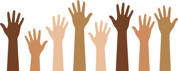 Fototapeta premium Diverse Group Of Raised Hands In Various Skin Tones, Unity And Support Symbol Vector Illustration 