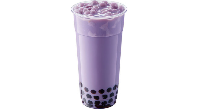 Full cup of purple bubble tea with boba drink clear cup plastic isolated on a transparent background