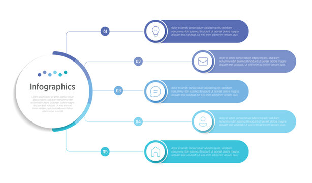 Modern business infographic featuring five semi-circle segments arranged in a clean, sequential layout. Each half-circle is color-coded with numbered labels and editable text placeholders.