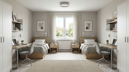 Fototapeta premium Modern twin dorm room with two beds, individual study desks, and spacious storage. Bright, organized shared living space for productive student life