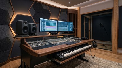A state-of-the-art recording studio setup featuring advanced audio equipment and a modern aesthetic, perfect for music production and sound engineering