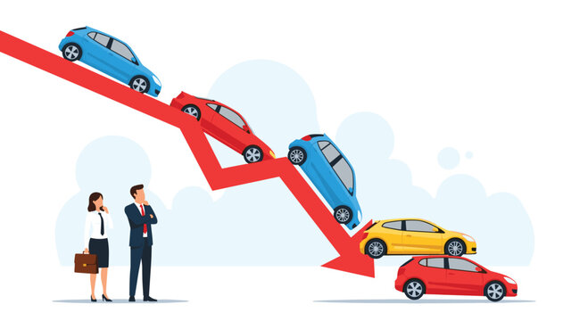 Business professionals observe a declining trend in car sales represented by a downward red arrow and falling vehicles.