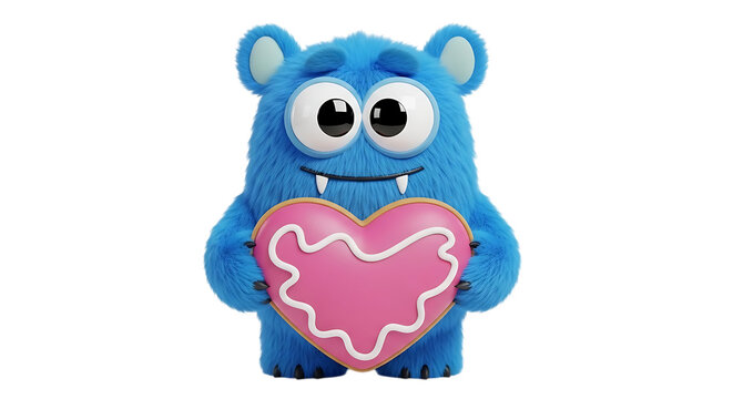 Cute fuzzy blue monster holds pink heart shape cookie.