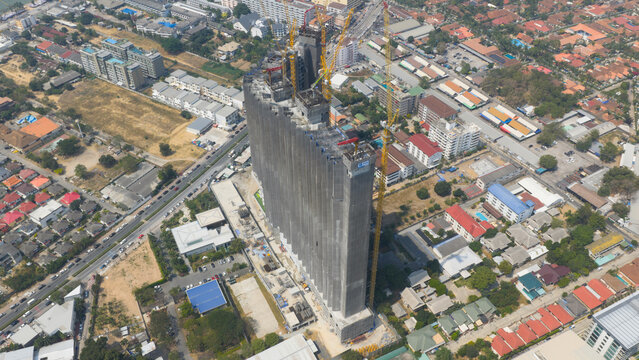 Copacabana, Thailand - 10 February 2026: Aerial view of the Copacabana Coral Reef residential building construction, a colossal structure rising amidst the city's vibrant tapestry.