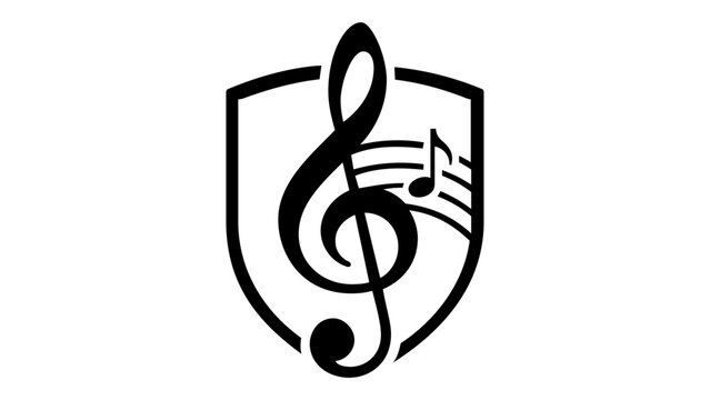 Vivid minimalist vector illustration of a music shield emblem featuring a treble clef, staff lines, and an eighth note. This flat icon is ideal for music education, academy logos, and arts branding.