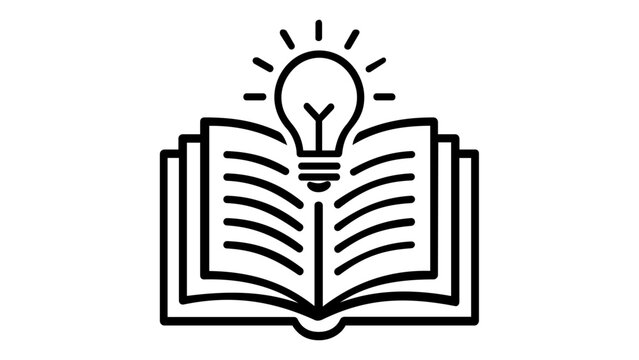 Minimalist vector icon illustration of an open book with a glowing lightbulb, symbolizing knowledge, creative ideas, education, learning, and inspiration. Scalable flat line art design for web use.