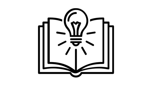 Minimalist vector icon illustration of an open book with a glowing light bulb, symbolizing creative ideas, knowledge, education, learning, and intellectual insight in a clean black line art style.