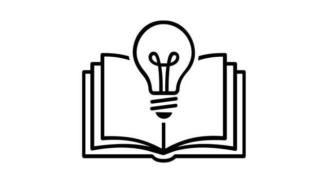 Minimalist vector icon illustration of an open book with a lightbulb, symbolizing creative ideas, knowledge, education, and learning. Flat black line art design for school and innovation.