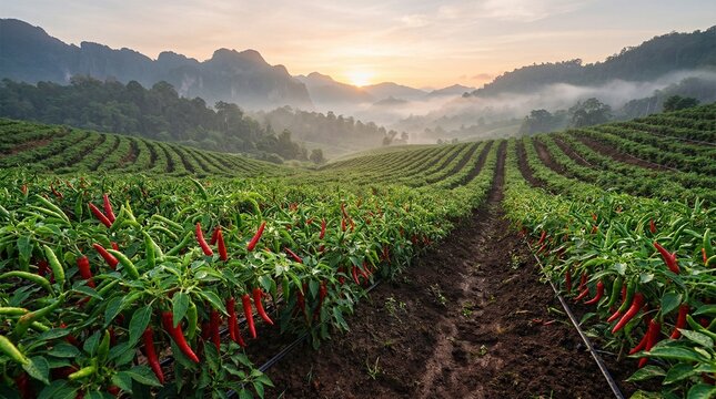 Scenic rows of ripe red chili peppers in a vast farm field at sunrise with misty mountains in the background