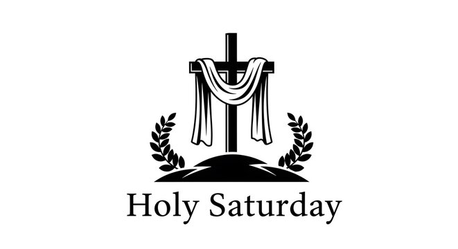 Holy Saturday religious emblem, Christian cross with draped shroud and laurel wreath, black and white spiritual icon for Easter vigil