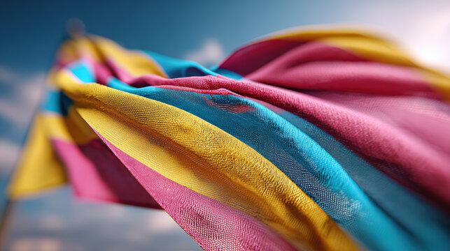 The pansexual flag is waving proudly in the bright blue sky, a symbol of identity and pride.