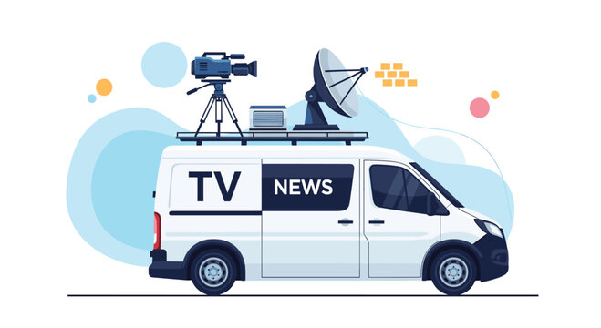 Mobile television news broadcasting van equipped with a satellite dish and professional video camera for live reporting.