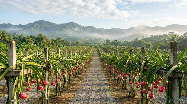 Vibrant tropical dragon fruit plantation with rows of ripening pitahaya plants under a misty mountain range, showcasing exotic fruit cultivation and natural beauty