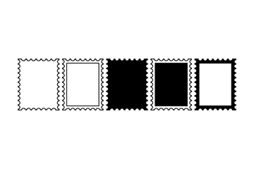 Fototapeta premium Vintage postage stamp frames set, 5 blank perforated mail borders, black and white philately vector elements for scrapbooking and postal design
