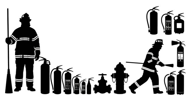 Firefighters and firefighting equipment silhouettes on white background firefighter fire fireman extinguish safety rescue emergency