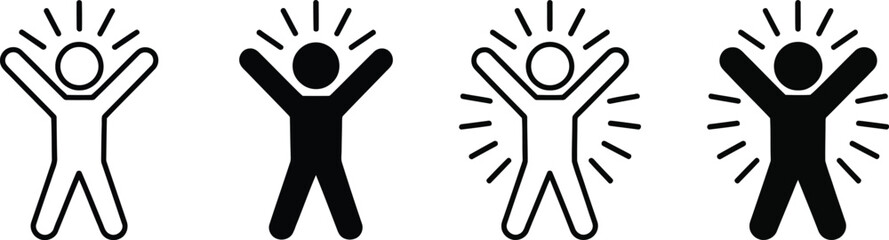 Fototapeta premium Human figure with raised arms and light rays icons set in outline solid and linear vector variations