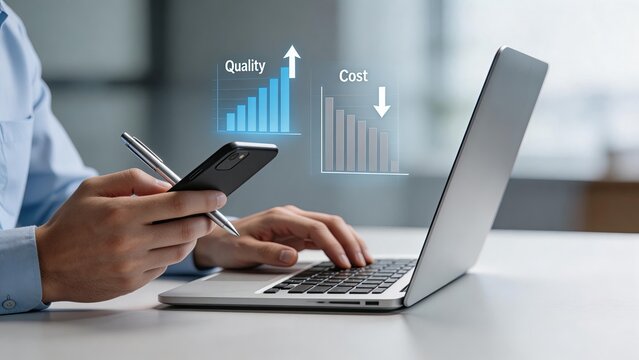 Businessman analyzing financial data on laptop with smartphone holographic charts showing quality increase and cost decrease office workspace modern technology corporate strategy