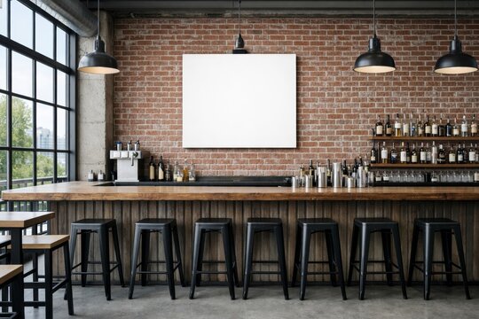 Blank canvas mockup above rustic bar in modern restaurant interior. Ai generative