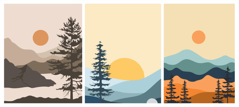Minimalist nature landscape set with mountains, pine trees, and sun. Retro flat vector illustration in warm earth tones