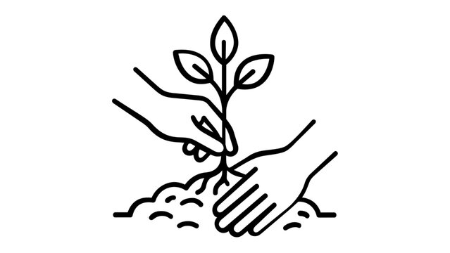 Minimalist vector icon illustration of human hands carefully planting a young tree sapling with three leaves into fertile soil, symbolizing environmental growth, sustainability, and nature care.