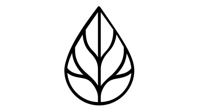 Minimalist black and white vector icon illustration of a stylized leaf with symmetrical veins, representing nature, growth, and environmental sustainability for eco-friendly design projects.