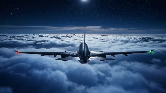 Airplane flying through night sky, above clouds with stars, seamless loop, symbolizing freedom and adventure.