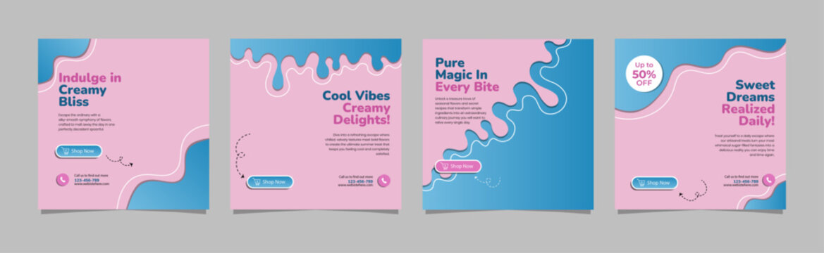 Modern Ice Cream and Dessert Carousel Social Media Template Pack Editable AI file
