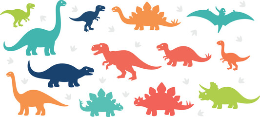 Colorful vector illustration of diverse dinosaurs including sauropods, stegosaurus, triceratops, tyrannosaurus, and pterosaur in playful style © shamsuzzoha