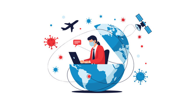 Business professional working on laptop inside a globe surrounded by virus icons representing remote work during pandemic.