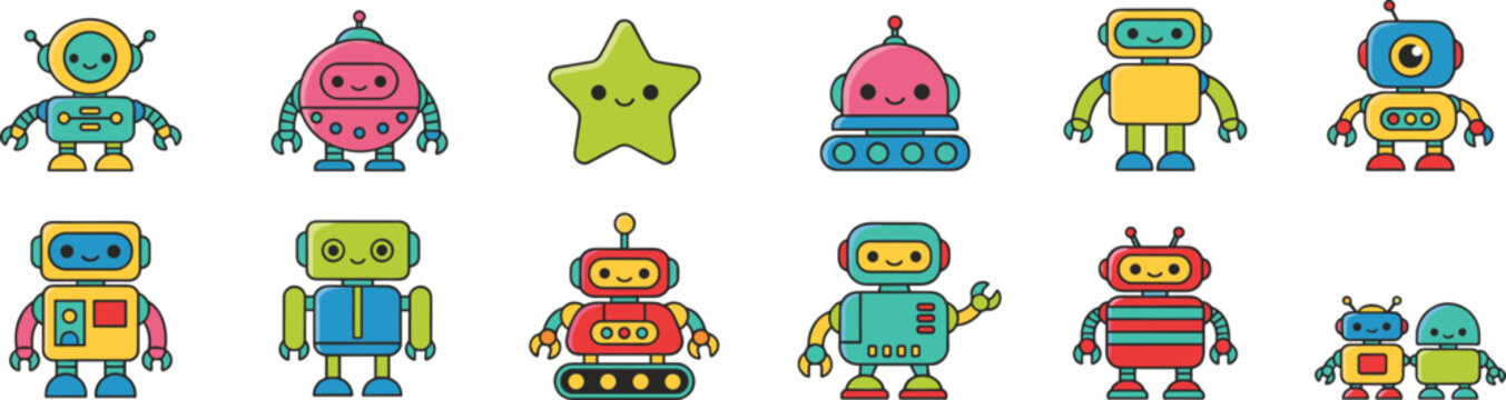 Cute colorful robot icon set with friendly faces and mechanical details in a flat vector style