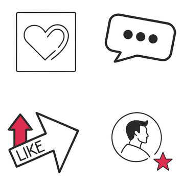 Set of isolated social media icons featuring heart symbol plus message bubble and like arrow with user profile avatar and rating star for marketing