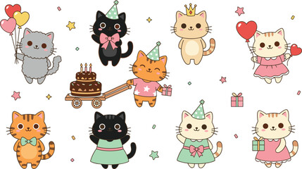 Obraz premium Playful vector illustration of cartoon cats celebrating birthday with cake, balloons, gifts, and crowns