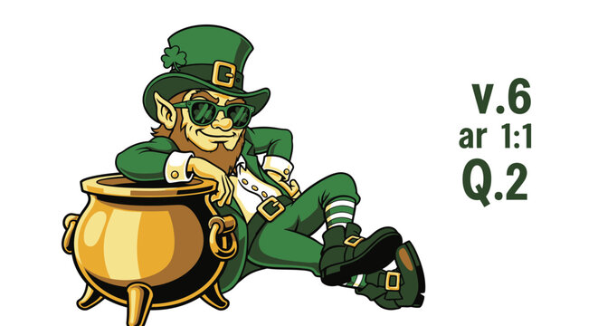 Leprechaun sitting with gold pot.