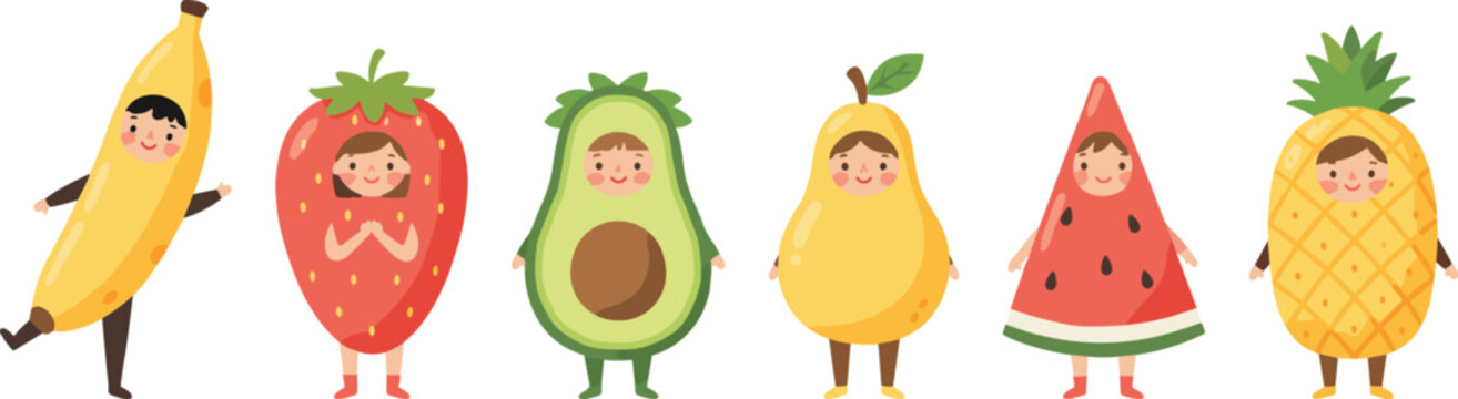 Playful vector illustration of cartoon characters in fruit costumes including banana, strawberry, avocado, pear, watermelon, pineapple