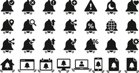 Obraz premium Bell Notification Icon Set Featuring Alerts, Status Indicators, App Notifications, UI Symbols, Mobile and Web Interface Elements for Communication and System Design