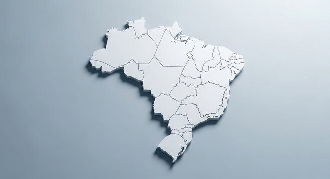 3D white map of Brazil with state borders on gray background